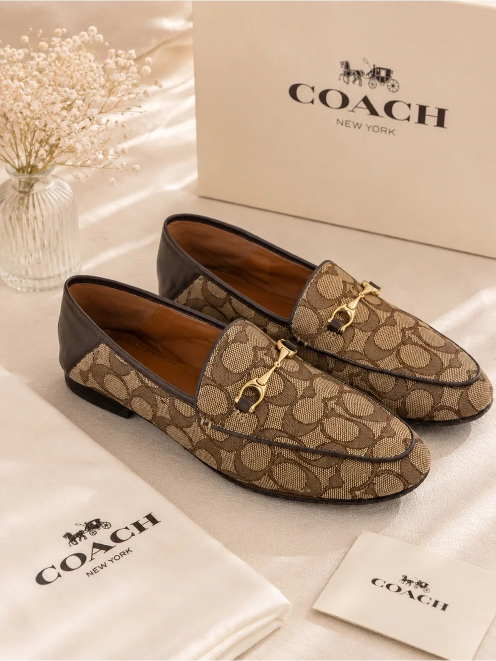 Coach Women Tan Signature Jacquard Horsebit Loafers Haley Size 7.5
